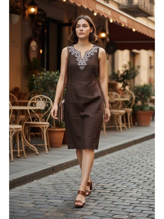 Talbots Dresses & Skirts - Talbots 8 Brown Embroidered Sheath Dress Sleeveless Linen